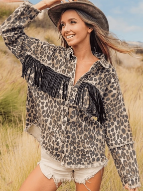 Leopard Fringe Detail Collared Neck Denim Jacket Trendy Picks Today Best Price Today
