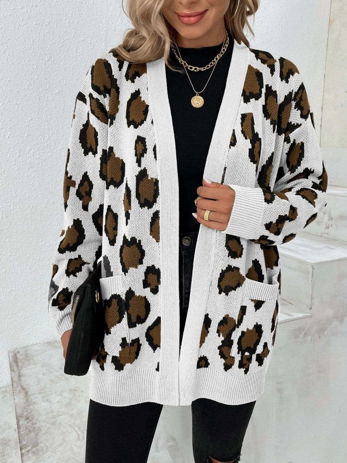Hot Item Clearance Todays Hot Savings Leopard Open Front Dropped Shoulder Cardigan