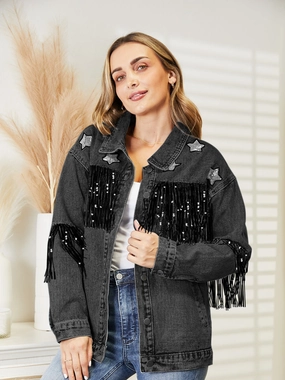 Fringe Detail Long Sleeve Denim Jacket Grab It Before Gone