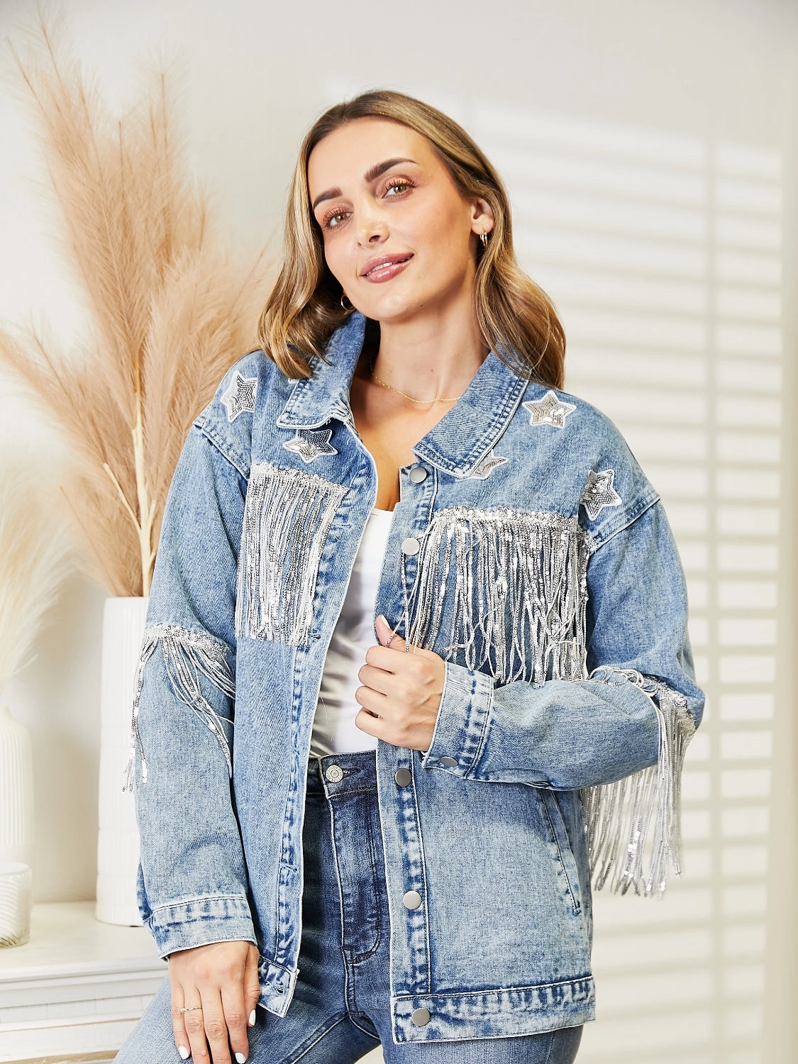 Fringe Detail Long Sleeve Denim Jacket Shop the Savings Flash Sale Now