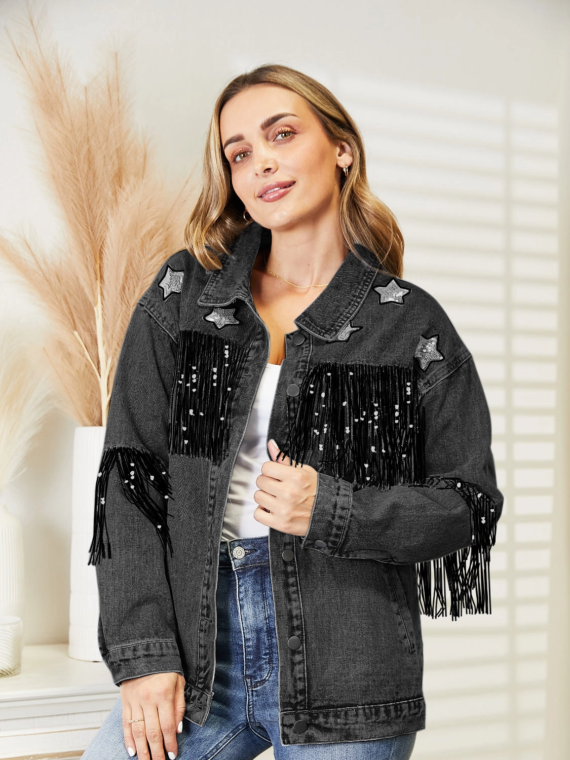 Fringe Detail Long Sleeve Denim Jacket Online Exclusive Savings