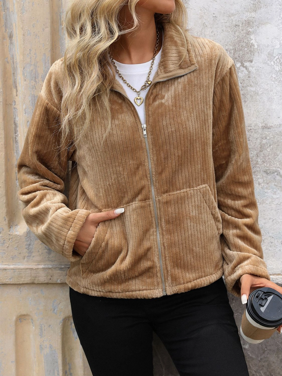 Perfee Pocketed Zip Up Collared Neck Long Sleeve Jacket Hot Deal Alert