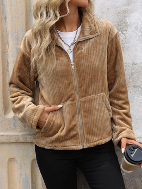 Perfee Pocketed Zip Up Collared Neck Long Sleeve Jacket Hot Deal Alert