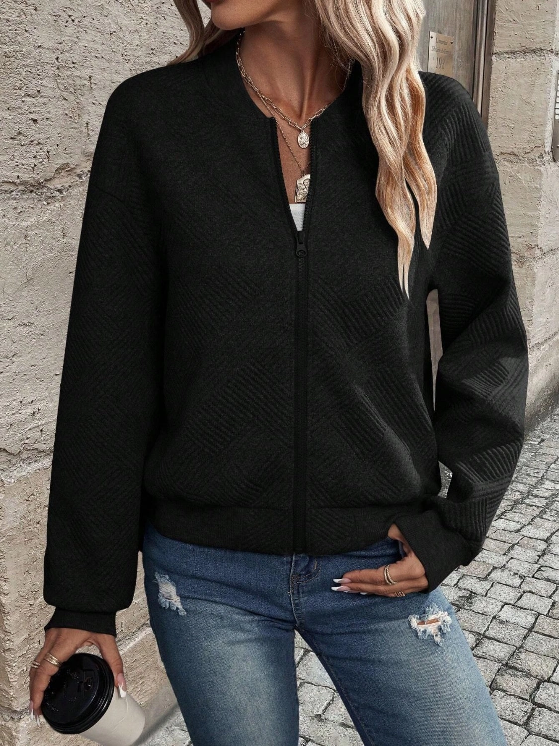 Textured Zip Up Long Sleeve Jacket Trending Deals Today