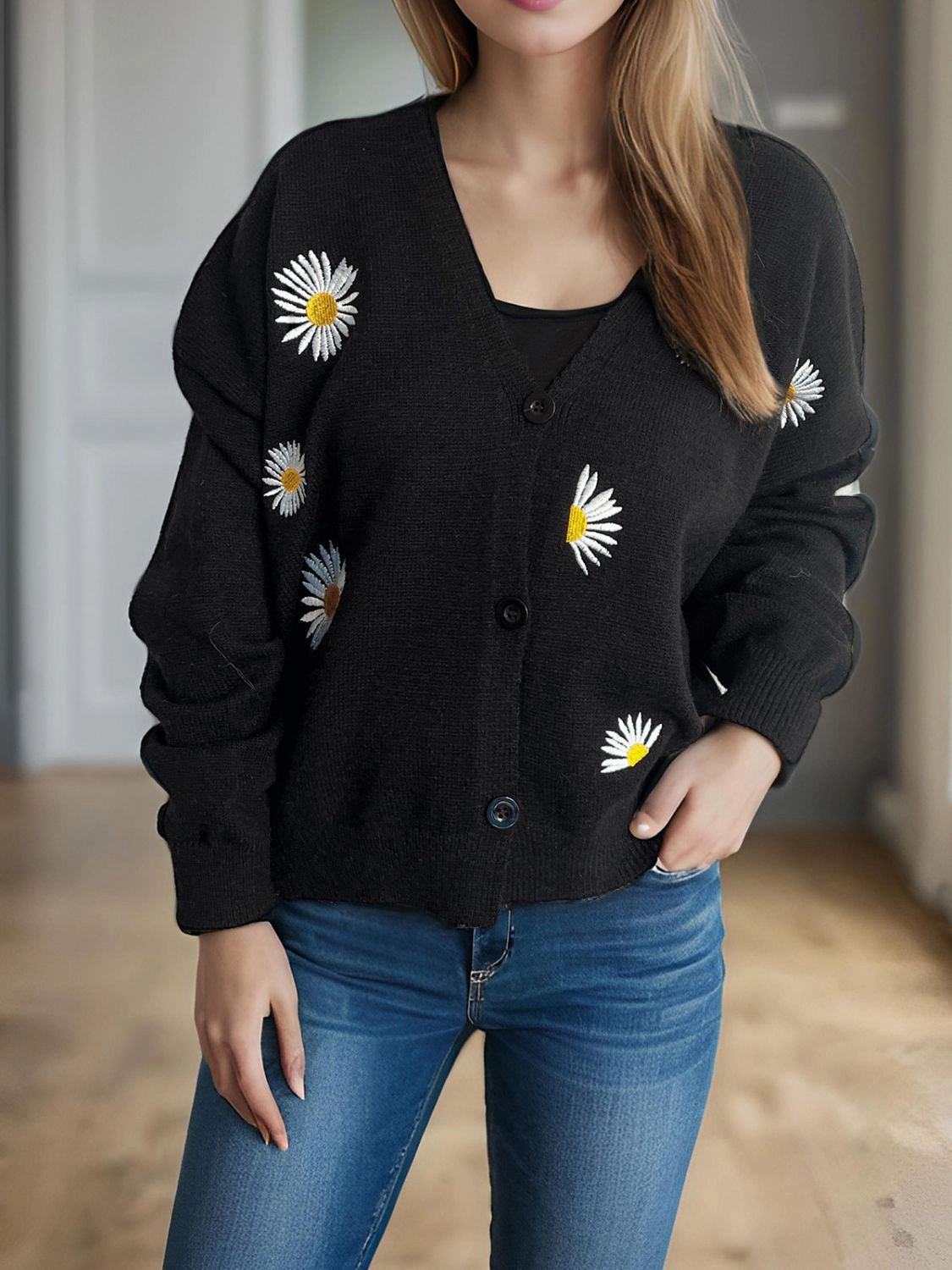 Daisy Button Up V-Neck Cardigan Trending Hot Deal Trending Hot Picks