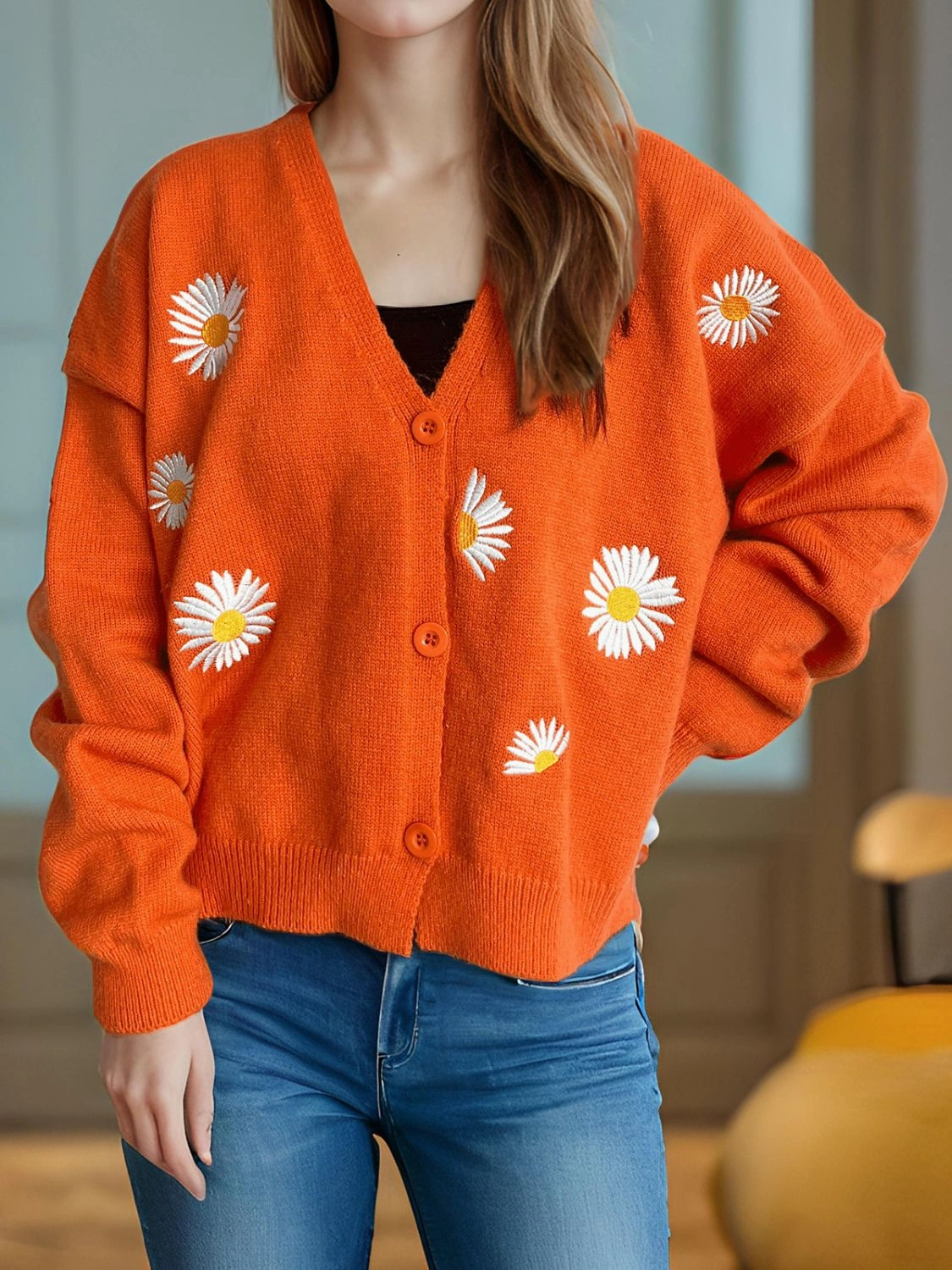 Daisy Button Up V-Neck Cardigan Dont Wait Save Today