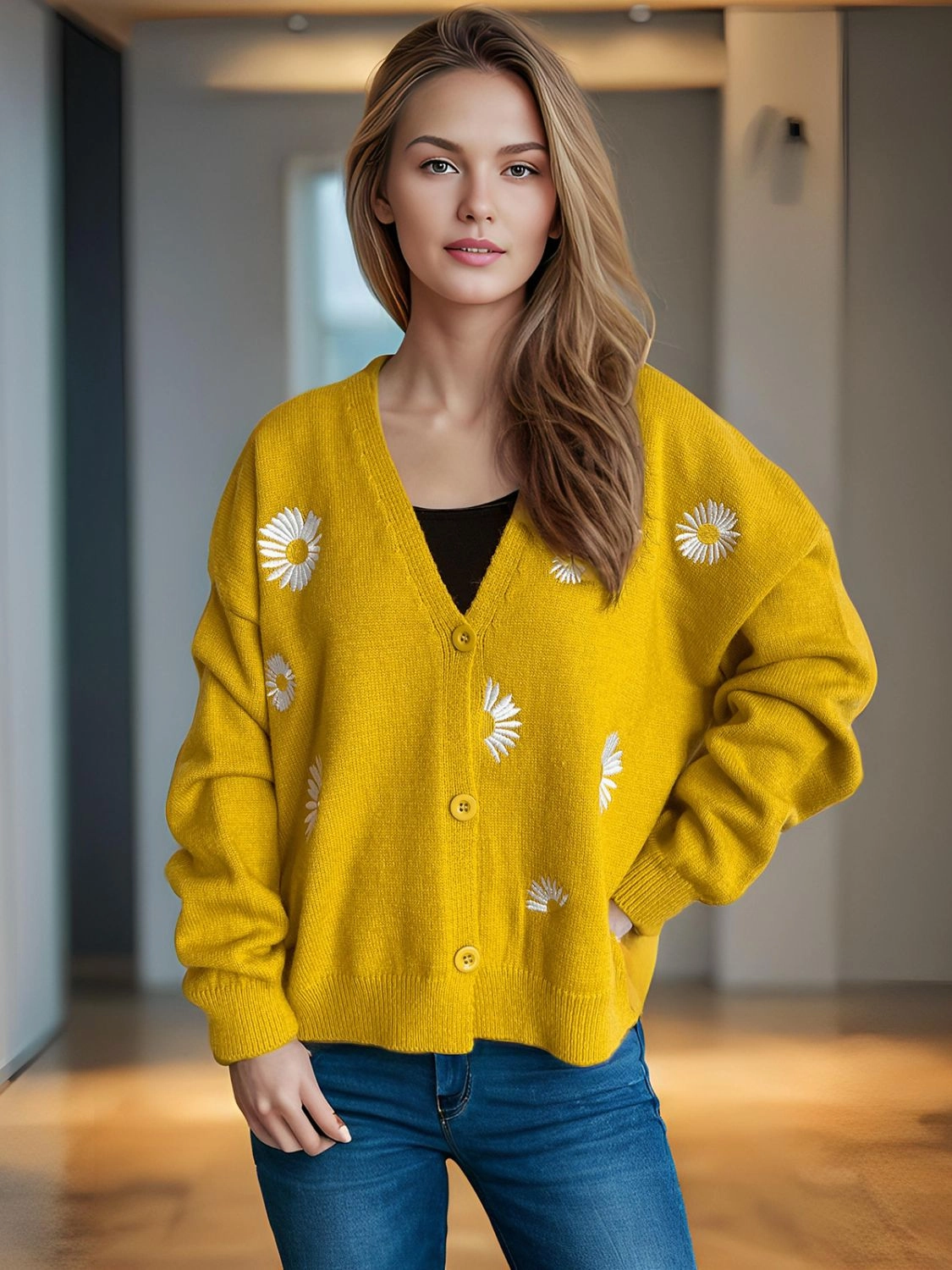 Daisy Button Up V-Neck Cardigan Limited Time Discount