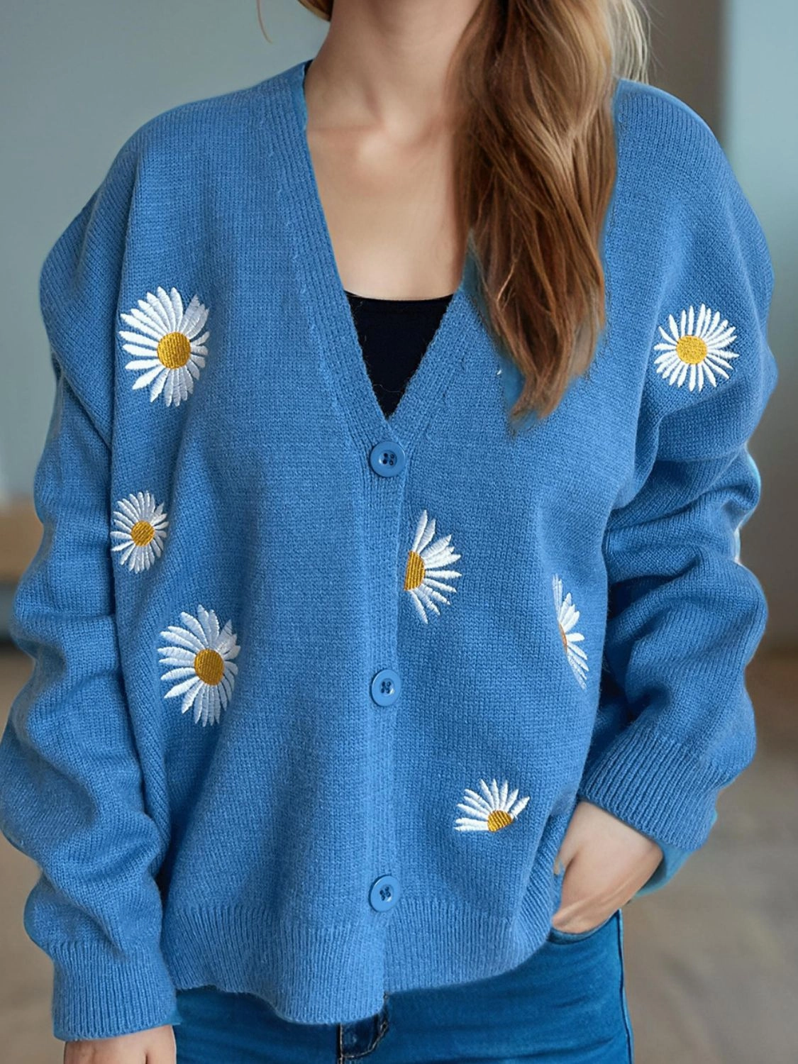Daisy Button Up V-Neck Cardigan Best Deal Alert