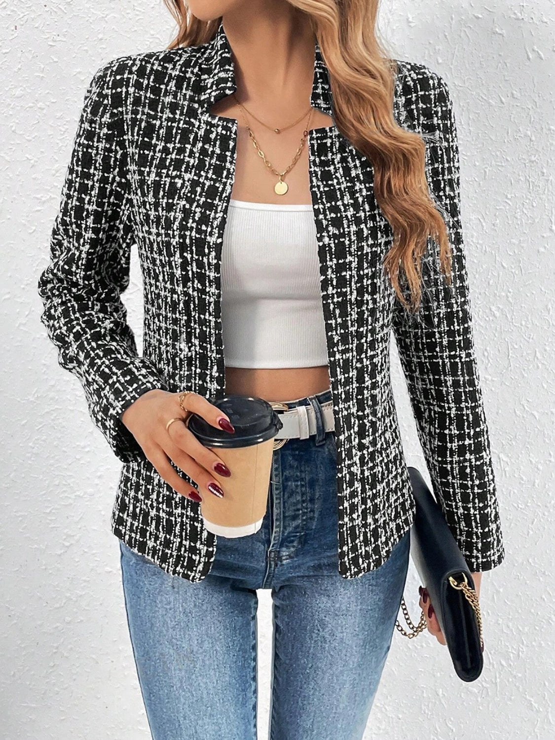 Plaid Open Front Long Sleeve Jacket Big Price Drop Mega Discount Today
