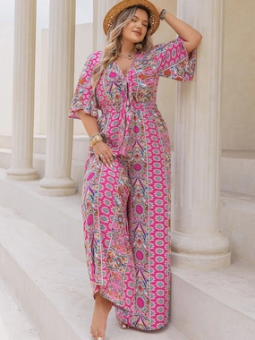Plus Size Printed Half Sleeve Wide Leg Jumpsuit Limited Offer Alert Exclusive Online Discount