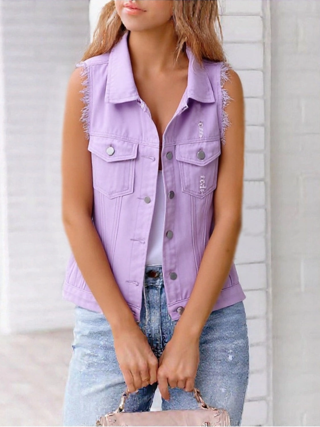 Full Size Button Down Raw Hem Sleeveless Denim Jacket Plus Size Hot Pick Sale