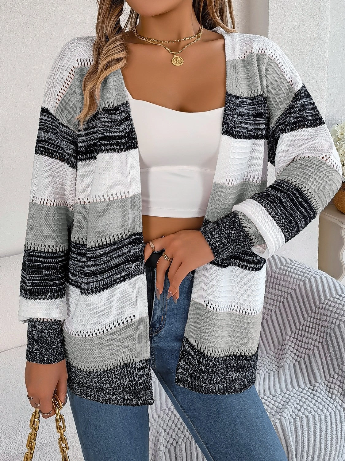 Openwork Striped Open Front Cardigan Unmissable Deal Today Last Chance Steal