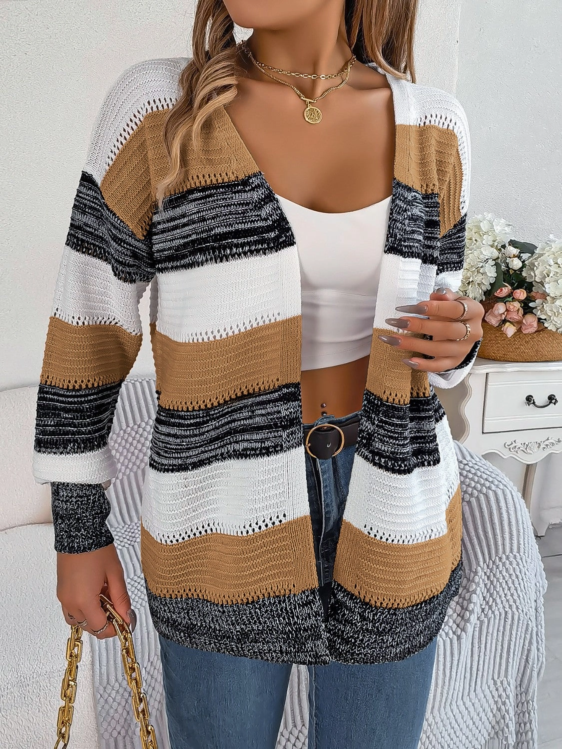 Hot Discount Deal Save Today Event Openwork Striped Open Front Cardigan
