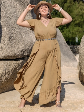 Plus Size Slit Ruffled V-Neck Jumpsuit Clearance Event Today Exclusive Online Discount