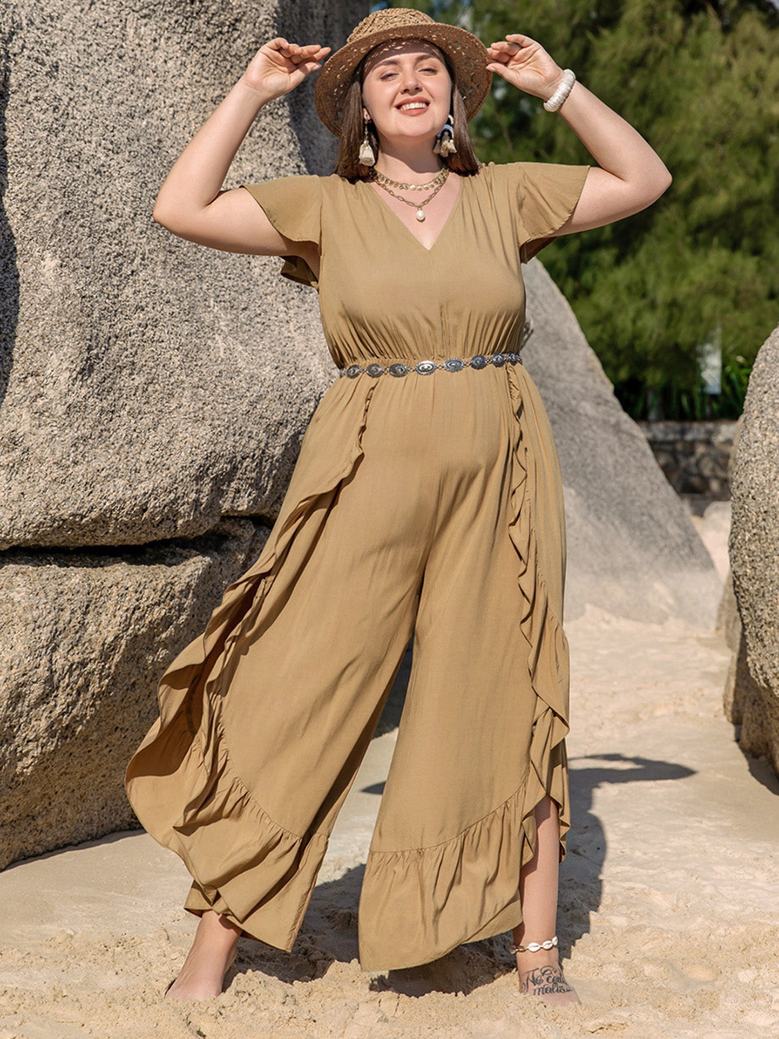 Last Chance Steal Plus Size Slit Ruffled V-Neck Jumpsuit