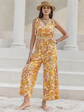 Grab Your Hot Pick Unmissable Deal Today Printed V-Neck Tie Shoulder Jumpsuit