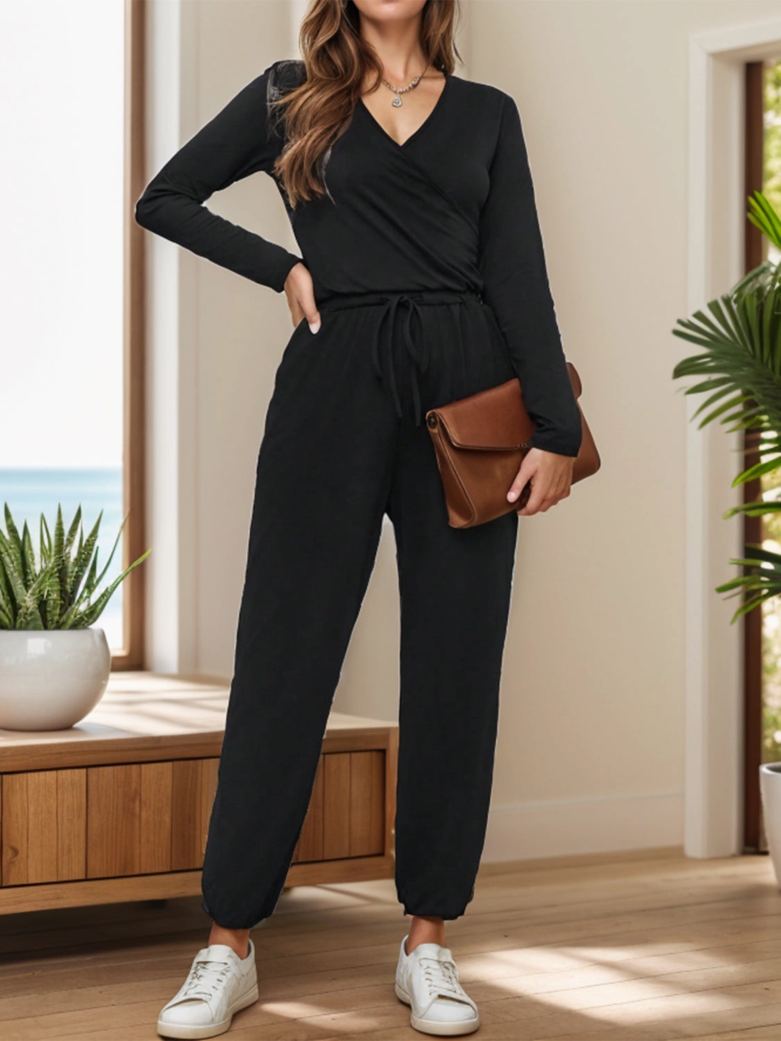 Surplice Tie Waist Long Sleeve Jumpsuit Flash Sale Alert Now Online Deal Frenzy