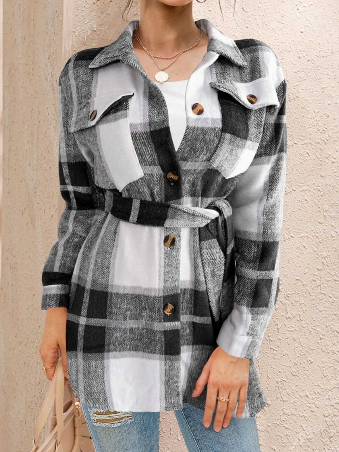 Daily Clearance Deal Fam-Fam Tied Plaid Button Up Shacket