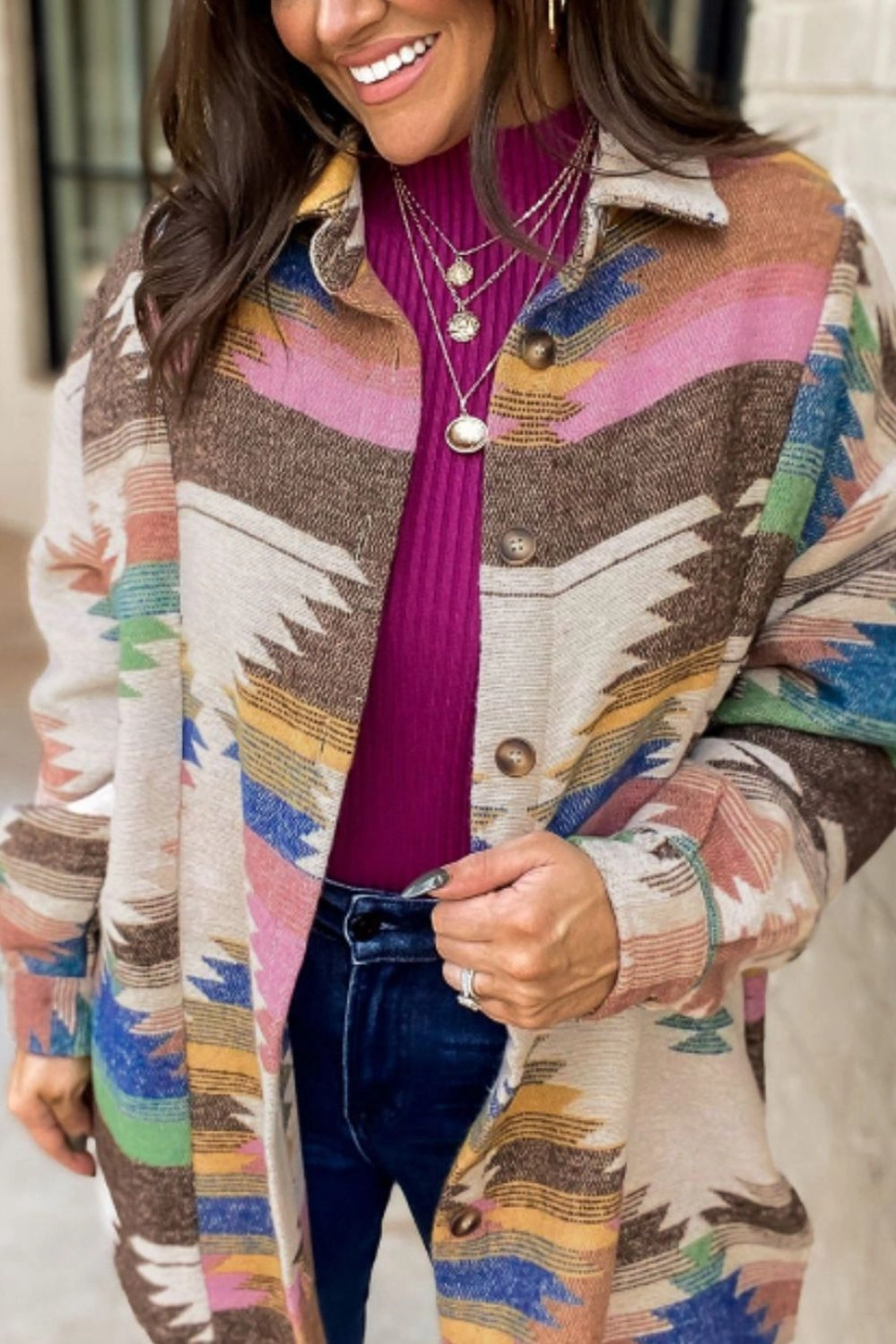 Flash Discount Today Daily Deal Frenzy Geometric Button Up Long Sleeve Jacket