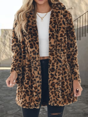 Shop the Savings Limited Time Hot Deal Leopard Collared Neck Coat With Pockets