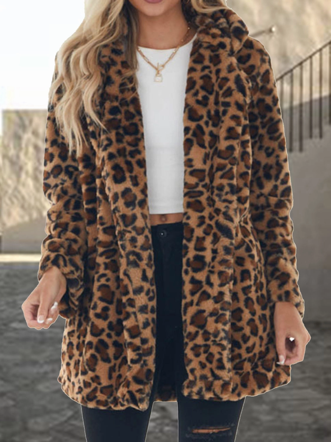 Leopard Collared Neck Coat With Pockets Hot Picks Today
