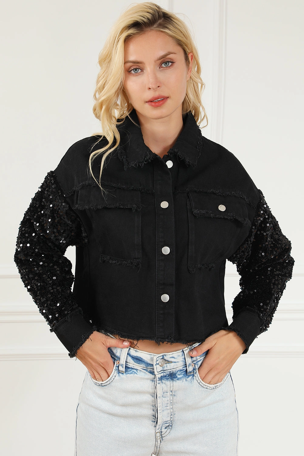 Sequin Button Up Raw Hem Denim Jacket Flash Sale Alert