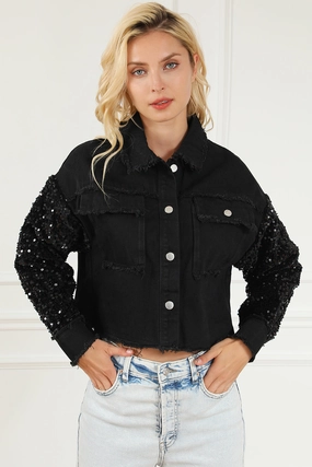 Sequin Button Up Raw Hem Denim Jacket Flash Sale Alert