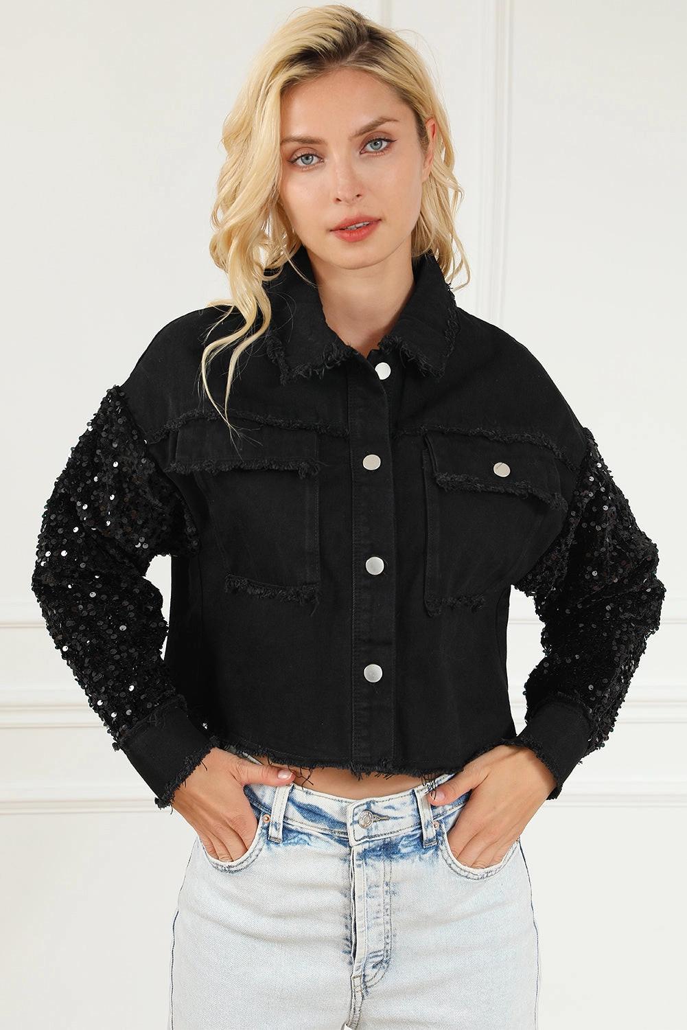 Sequin Button Up Raw Hem Denim Jacket Hot Pick Online