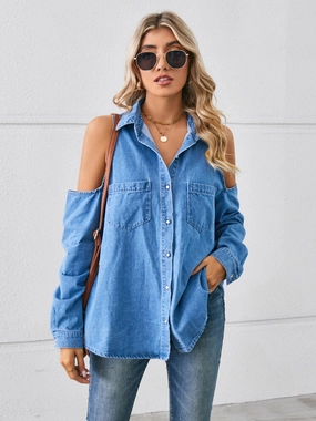 Cold Shoulder Pocketed Button Up Denim Jacket Clearance Sale