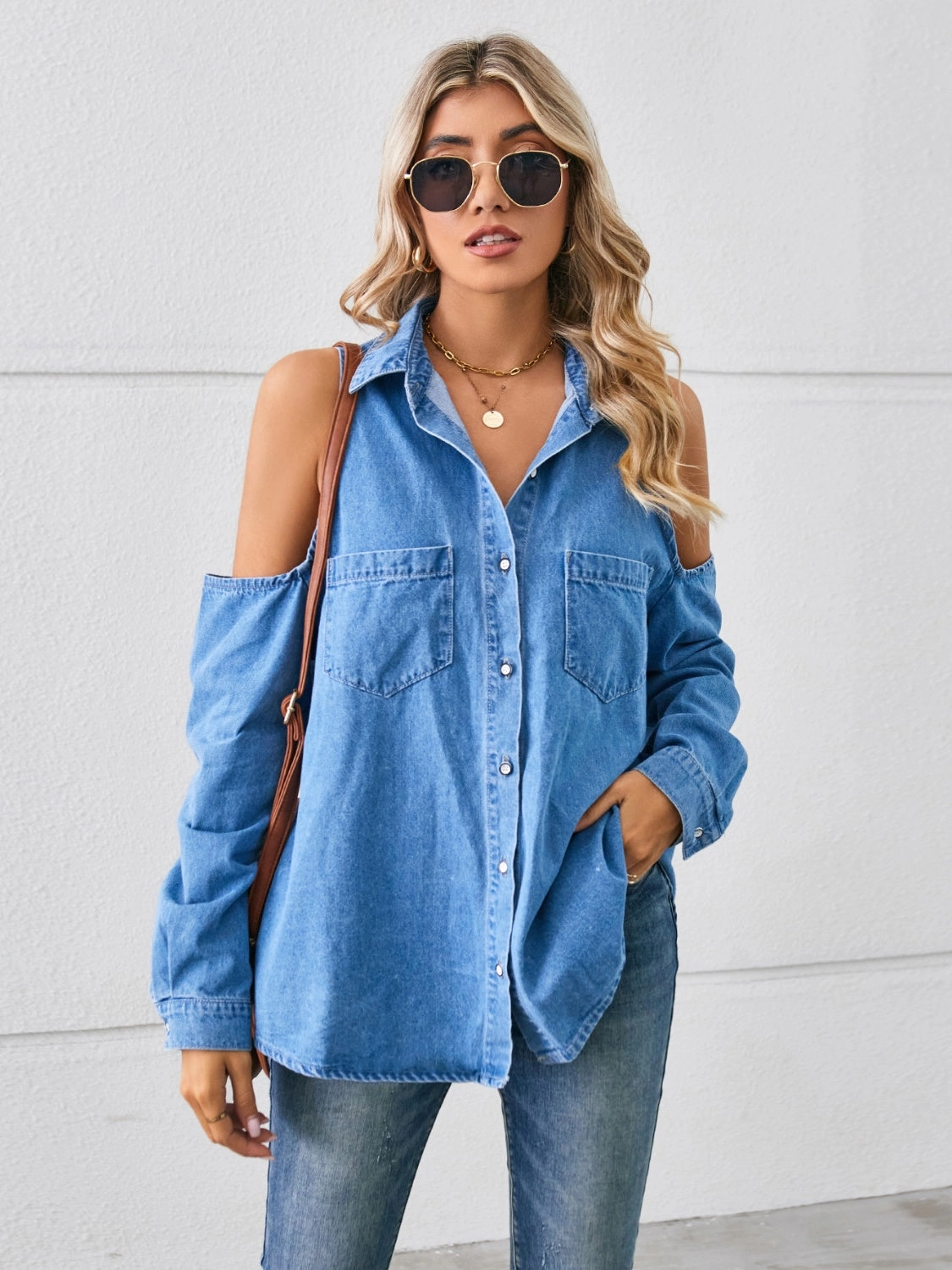 Cold Shoulder Pocketed Button Up Denim Jacket Weekend Specials Limited Time Discount