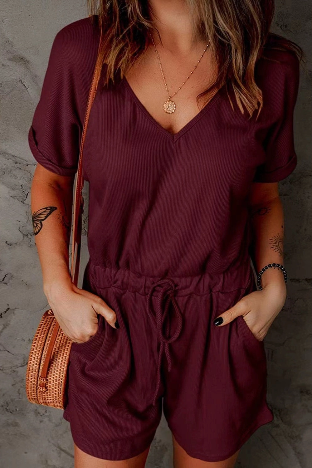 Full Size Drawstring V-Neck Short Sleeve Romper Daily Clearance Deal Weekend Flash Offer