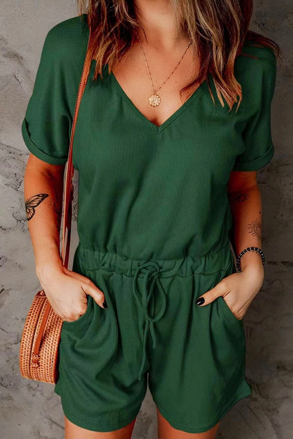 Full Size Drawstring V-Neck Short Sleeve Romper Flash Sale Alert Now
