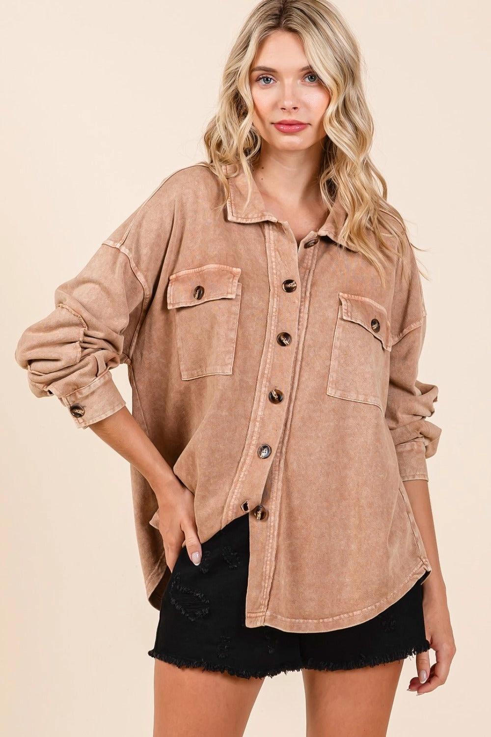 Mittoshop Mineral Wash French Terry Elbow Patch Shacket Hot Clearance Now Save Today Event