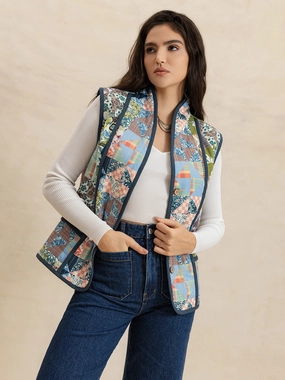 Printed Patchwork Contrast Piping Vest Flash Sale Now