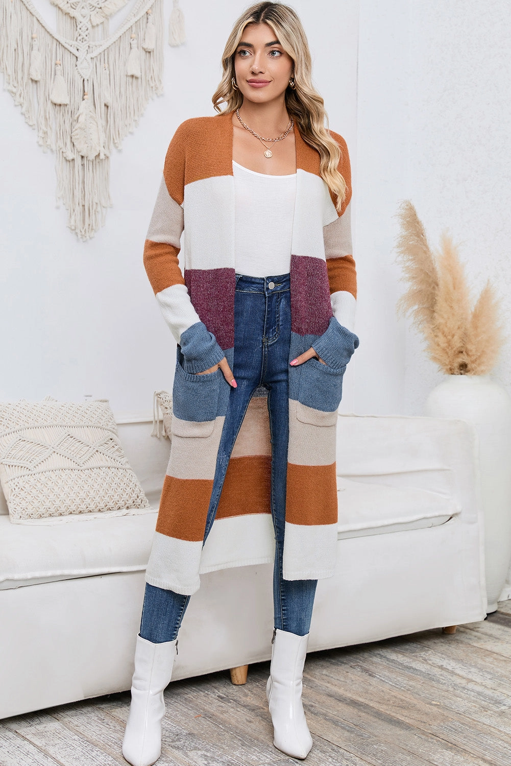 Mega Savings Now Trending Savings Now Long Color Block Open Front Pocketed Cardigan