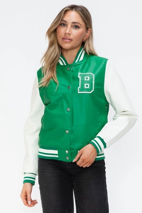 Love Me Now Pu Leather Contrast Snap Down Bomber Jacket Shop Grab Savings Instant Deal Today