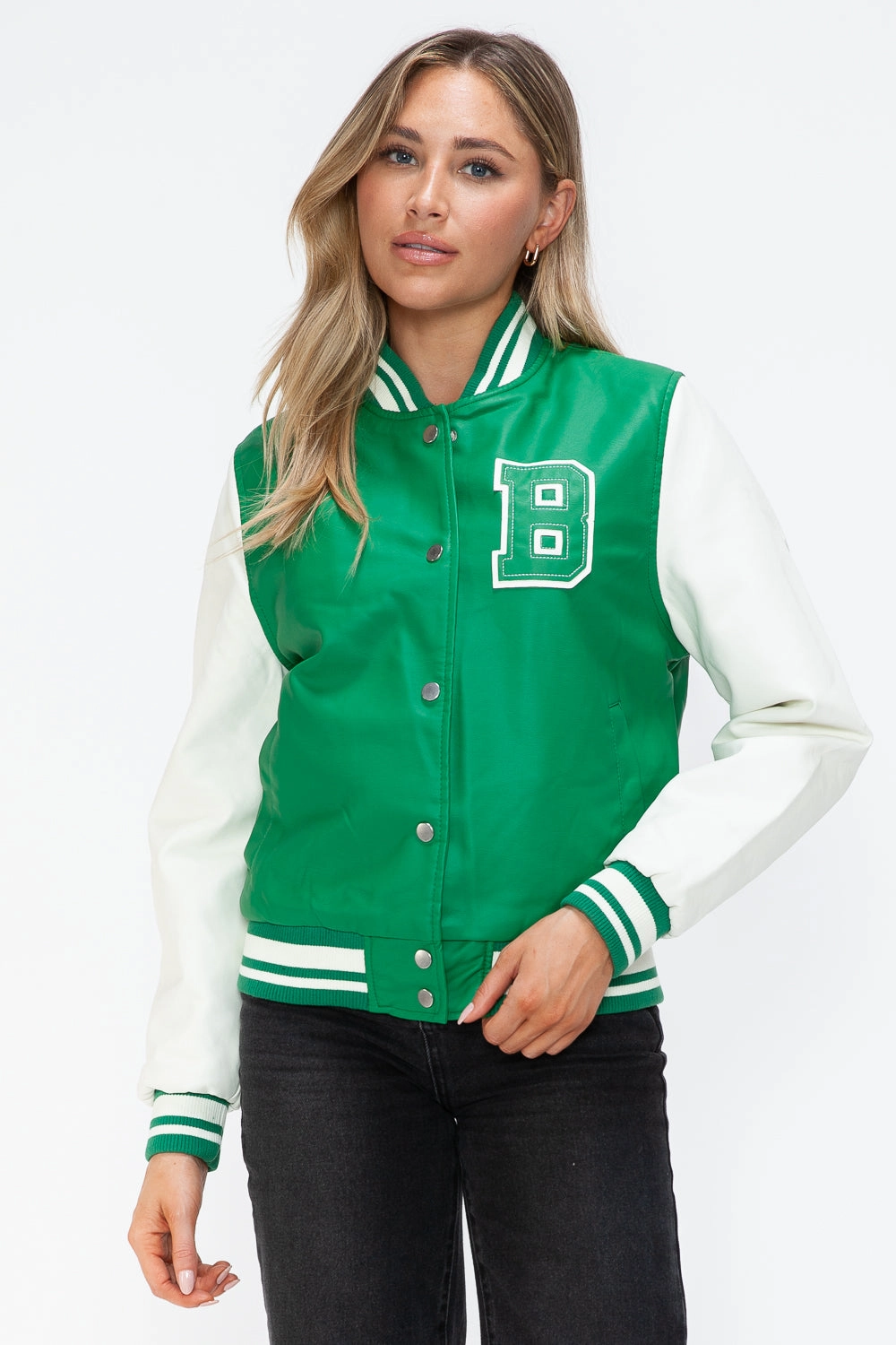 Love Me Now Pu Leather Contrast Snap Down Bomber Jacket Trending Savings Now MustHave Gift Ideas
