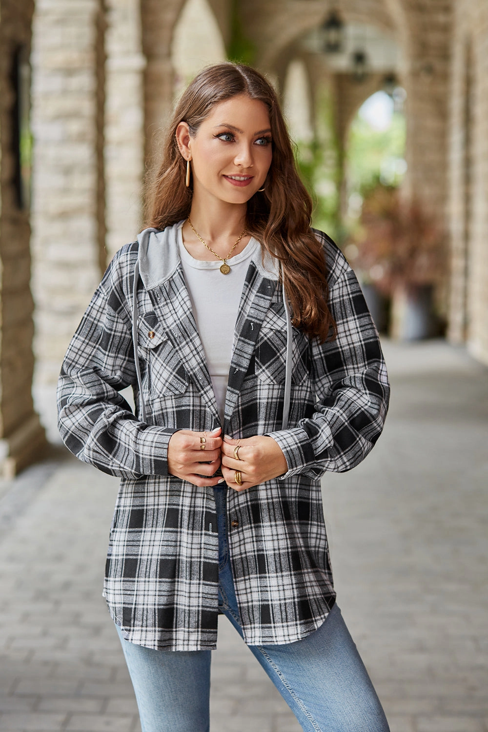 Daily Special Offer New Arrival Discount Mandy Plaid Long Sleeve Hooded Jacket