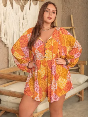 Hot Pick of the Day Plus Size Floral Tie Neck Balloon Sleeve Romper