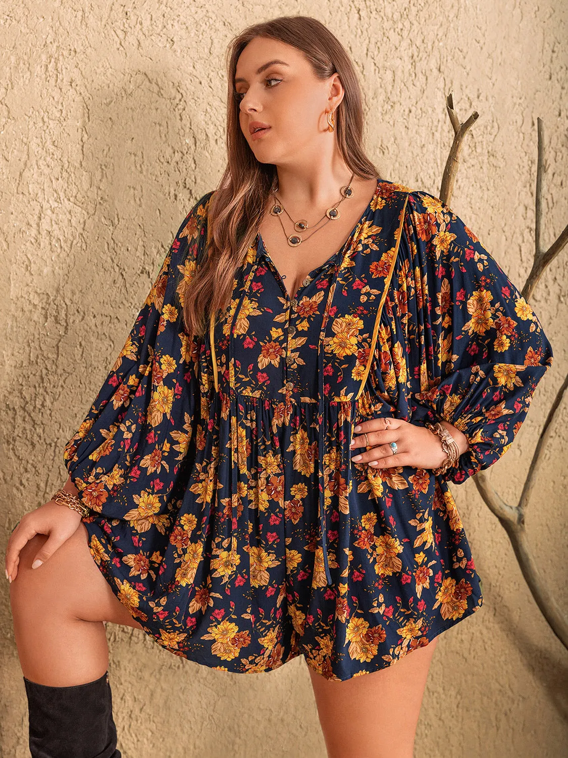 Gift Ideas Galore Plus Size Floral Tie Neck Balloon Sleeve Romper