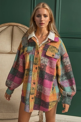 Double Take Full Size Button Up Plaid Fleece Shacket With Pockets Big Hot Sale