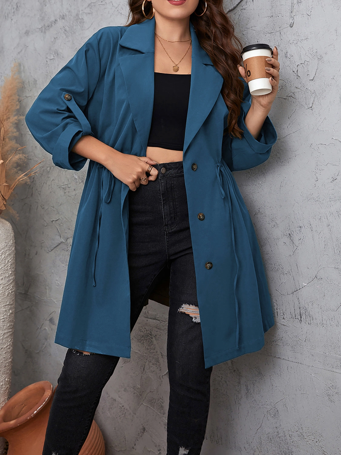 Hot Sale Today Trending Now Offer Honey Plus Size Lapel Collar Drawstring Roll-Tab Sleeve Trench Coat