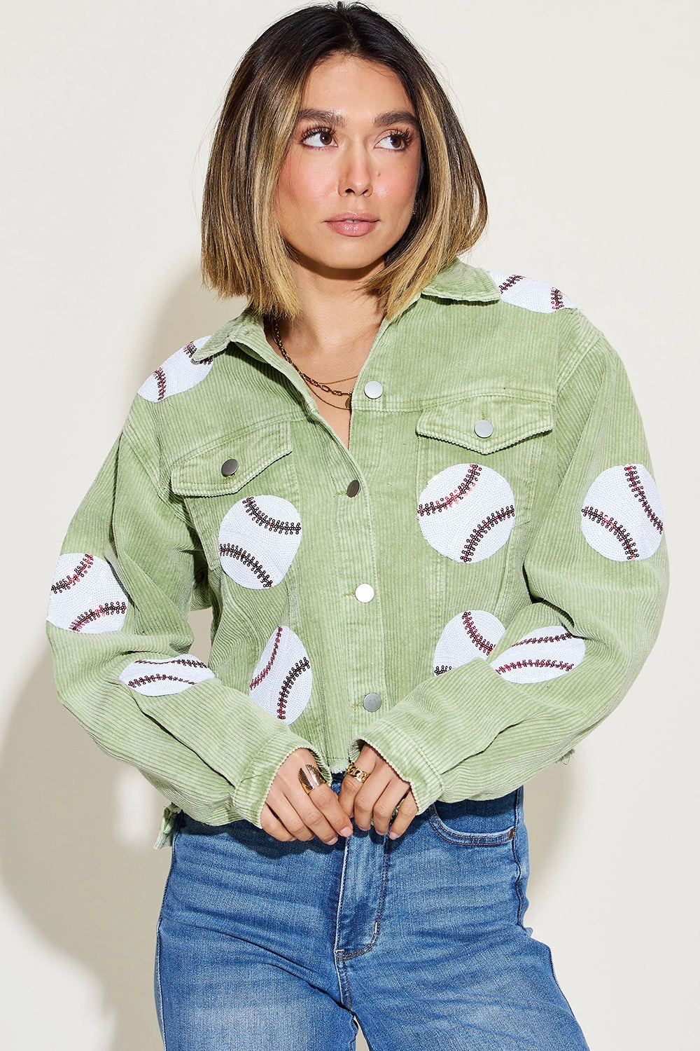 Baseball Sequin Dropped Shoulder Raw Hem Jacket Shop Todays Picks