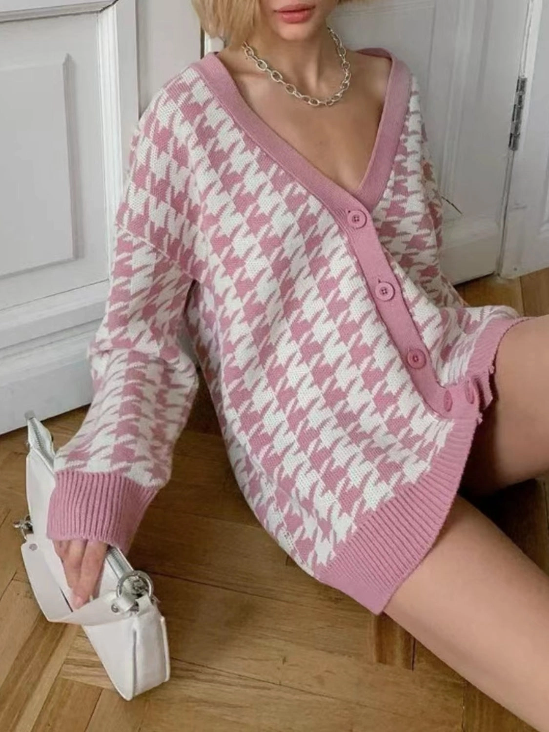 Houndstooth Button Up Long Sleeve Cardigan Best Price Online Shop Grab Now