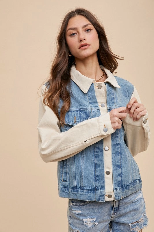 Annie Wear Collared Neck Double Placket Denim Jacket Dont Miss Out Todays Hot Savings