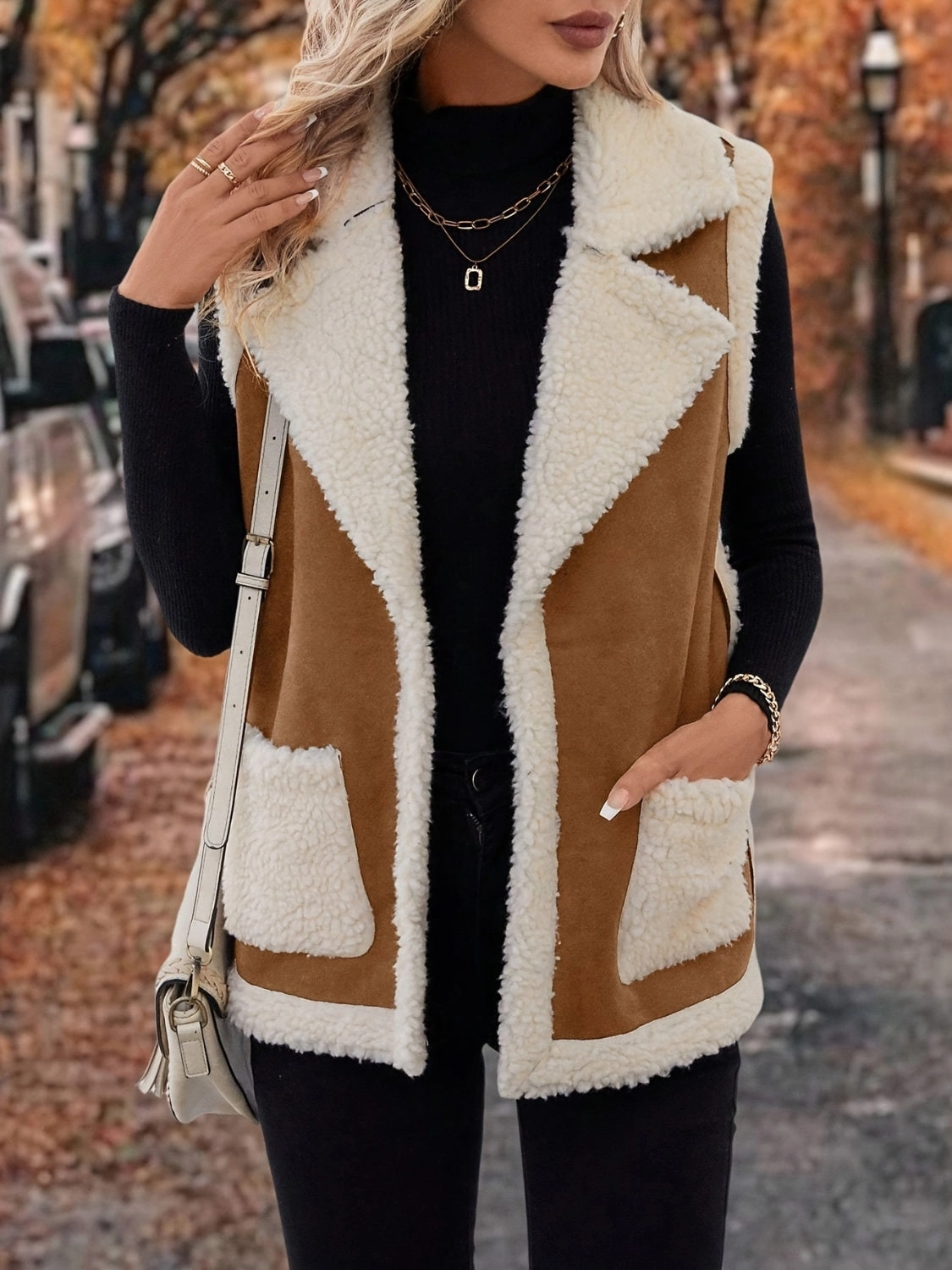 Full Size Contrast Open Front Sherpa Vest Coat Trending Deals Today