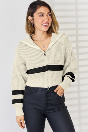 Limited Time Steal Shop Hot Deals Striped Zip Up Dropped Shoulder Cardigan