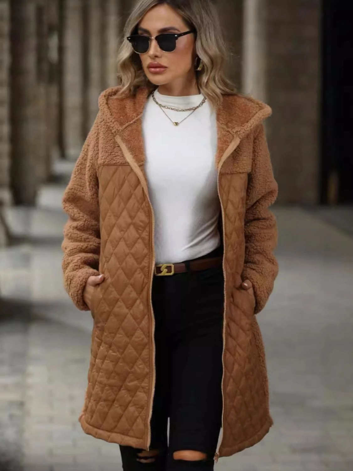 Texture Zip Up Long Sleeve Hooded Coat Flash Sale Now
