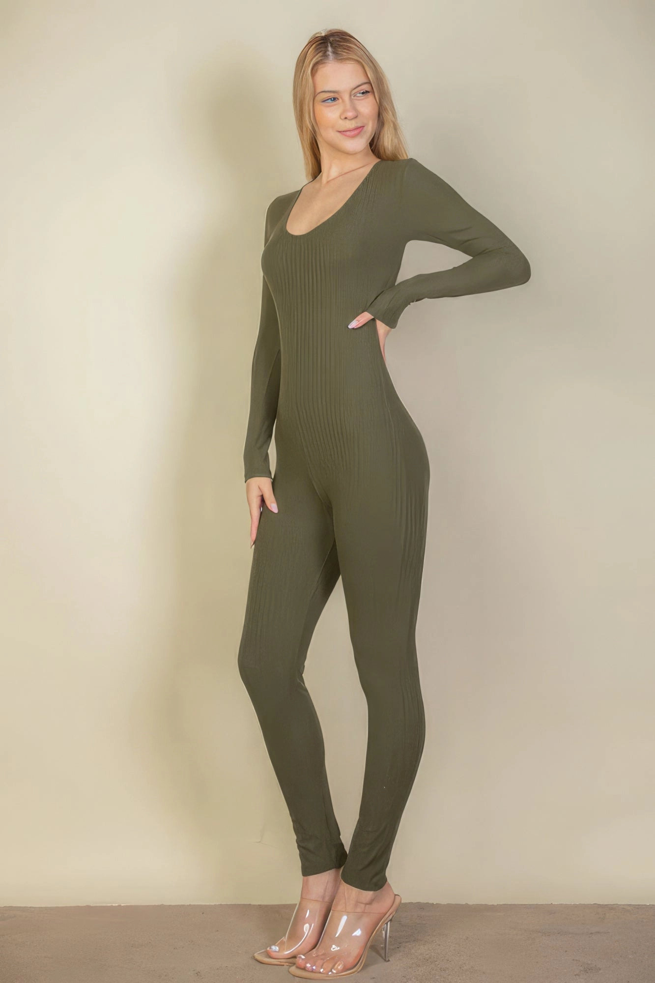 Ribbed Scoop Neck Long Sleeve Jumpsuit Trending Deals Today