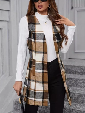 Plaid V-Neck Vest Coat Flash Pick Today